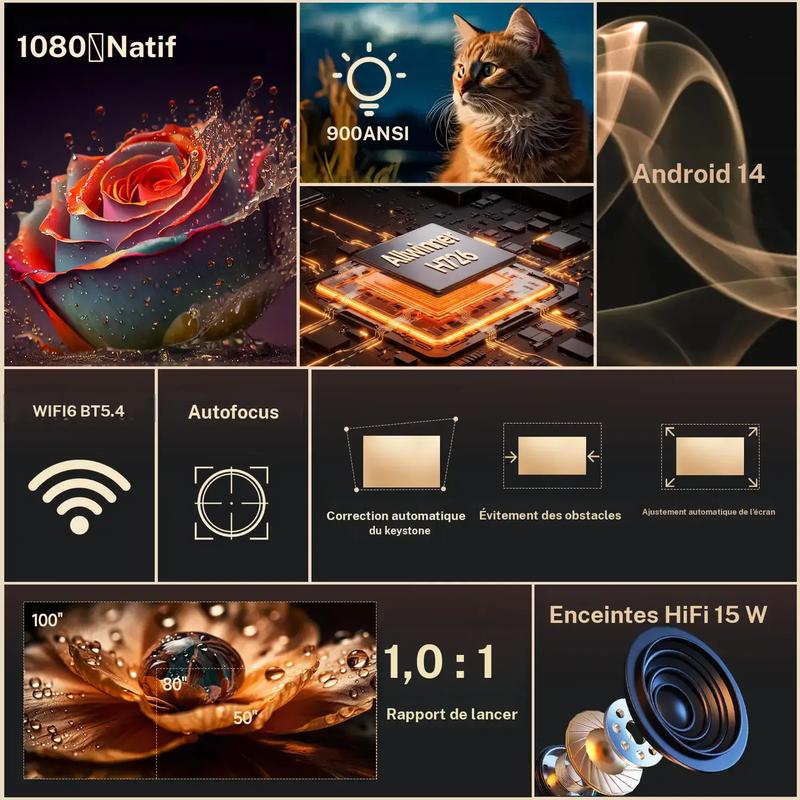 Projecteur Magcubic 900 ANSI HY350MAX, mise au point automatique, Android 14, Allwinner H726, haut-parleur Hi‑Fi de 15 W, Wi‑Fi 6 double et Bluetooth 5.4, 1080p