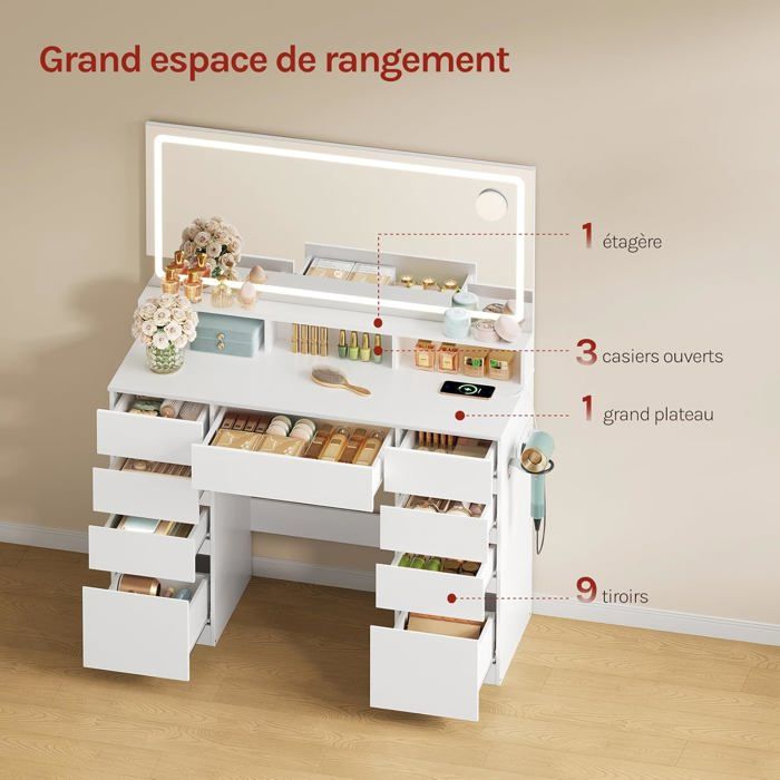 Coiffeuse Blanche WOLTU - Grand Miroir LED - Table de Maquillage avec Station de Charge - 9 Tiroirs
