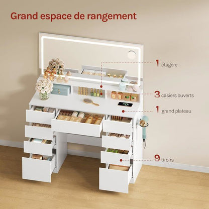 Coiffeuse Blanche WOLTU - Grand Miroir LED - Table de Maquillage avec Station de Charge - 9 Tiroirs