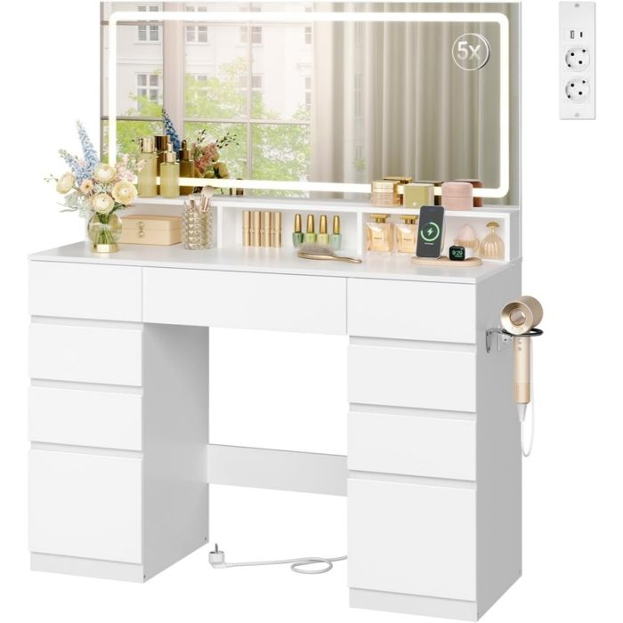 Coiffeuse Blanche WOLTU - Grand Miroir LED - Table de Maquillage avec Station de Charge - 9 Tiroirs
