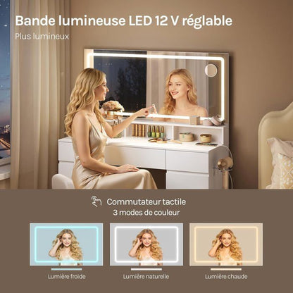 Coiffeuse Blanche WOLTU - Grand Miroir LED - Table de Maquillage avec Station de Charge - 9 Tiroirs